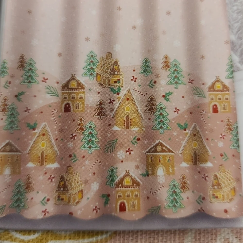 Pink Gingerbread House Christmas Village Fabric Shower Curtain Bathroom Decor